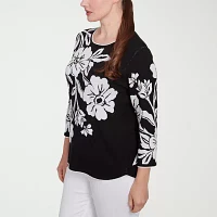 Alfred Dunner Wild At Heart Womens Crew Neck 3/4 Sleeve Floral Pullover Sweater