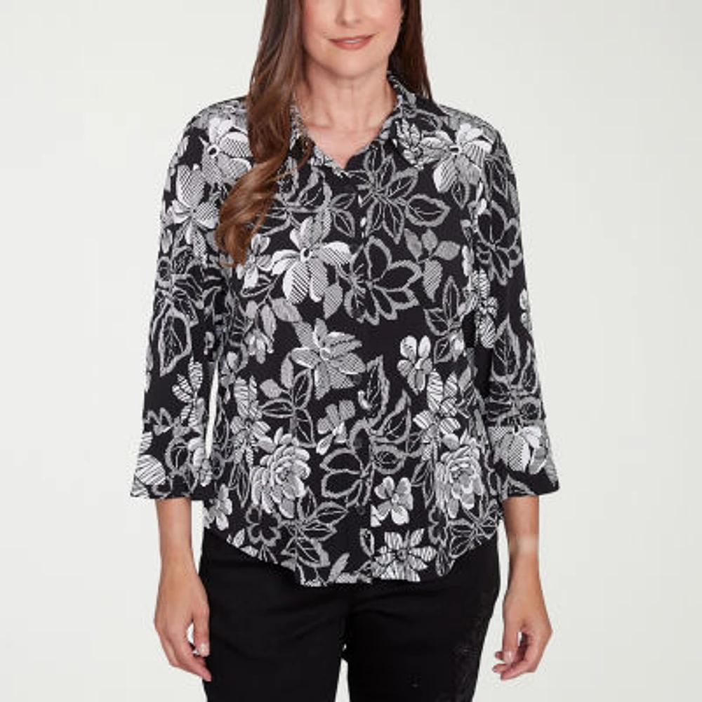 Alfred Dunner Wild At Heart Womens 3/4 Sleeve Button-Down Shirt