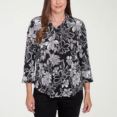 Alfred Dunner Wild At Heart Womens 3/4 Sleeve Button-Down Shirt