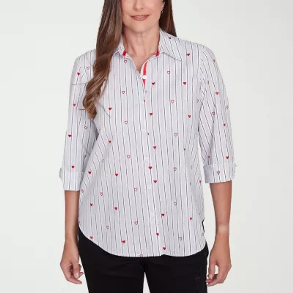 Alfred Dunner Wild At Heart Womens 3/4 Sleeve Button-Down Shirt