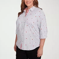 Alfred Dunner Plus Wild At Heart Womens 3/4 Sleeve Button-Down Shirt