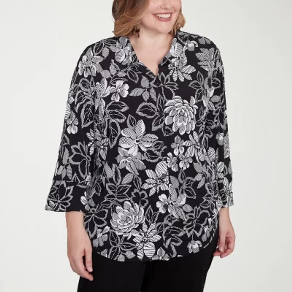 Alfred Dunner Plus Wild At Heart Womens 3/4 Sleeve Button-Down Shirt