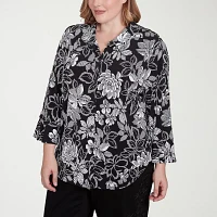 Alfred Dunner Plus Wild At Heart Womens 3/4 Sleeve Button-Down Shirt