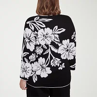 Alfred Dunner Plus Wild At Heart Womens Crew Neck 3/4 Sleeve Floral Pullover Sweater