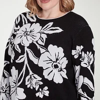 Alfred Dunner Plus Wild At Heart Womens Crew Neck 3/4 Sleeve Floral Pullover Sweater