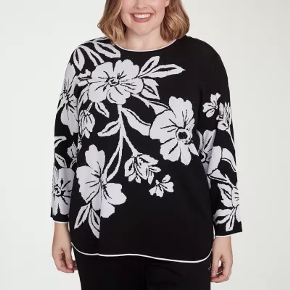 Alfred Dunner Plus Wild At Heart Womens Crew Neck 3/4 Sleeve Floral Pullover Sweater