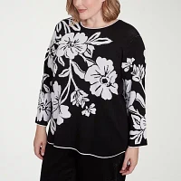 Alfred Dunner Plus Wild At Heart Womens Crew Neck 3/4 Sleeve Floral Pullover Sweater