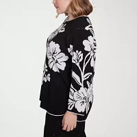 Alfred Dunner Plus Wild At Heart Womens Crew Neck 3/4 Sleeve Floral Pullover Sweater