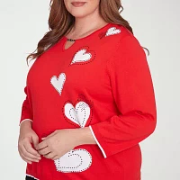 Alfred Dunner Plus Wild At Heart Womens Split Crew Neck 3/4 Sleeve Hearts Pullover Sweater