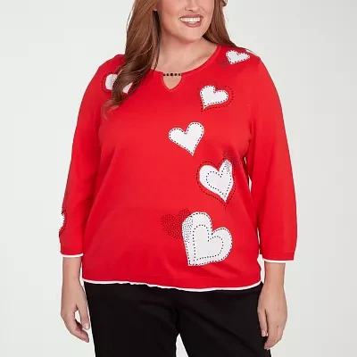 Alfred Dunner Plus Wild At Heart Womens Split Crew Neck 3/4 Sleeve Hearts Pullover Sweater