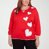 Alfred Dunner Plus Wild At Heart Womens Split Crew Neck 3/4 Sleeve Hearts Pullover Sweater