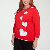 Alfred Dunner Plus Wild At Heart Womens Split Crew Neck 3/4 Sleeve Hearts Pullover Sweater