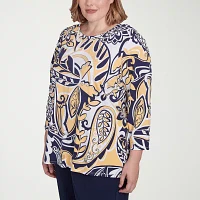 Alfred Dunner Block Island Womens Plus Crew Neck 3/4 Sleeve T-Shirt