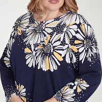 Alfred Dunner Plus Block Island Womens Crew Neck 3/4 Sleeve Floral Pullover Sweater