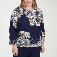 Alfred Dunner Plus Block Island Womens Crew Neck 3/4 Sleeve Floral Pullover Sweater