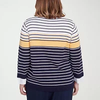 Alfred Dunner Block Island Womens 3/4 Sleeve Striped Layered Sweaters Plus