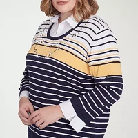 Alfred Dunner Block Island Womens 3/4 Sleeve Striped Layered Sweaters Plus