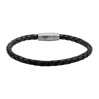 Mens Black Leather Braid Stainless Steel Bracelet