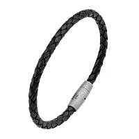 Mens Black Leather Braid Stainless Steel Bracelet