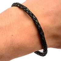 Mens Black Leather Braid Stainless Steel Bracelet