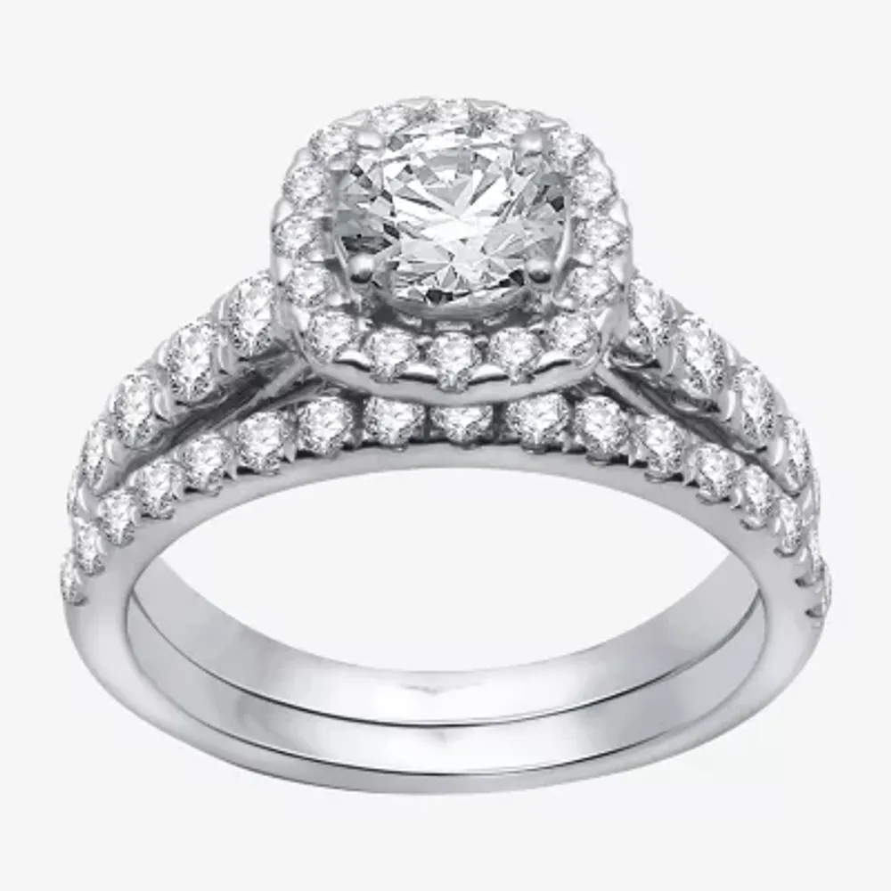 Signature By Modern Bride (H-I / I1) Womens 2 1/4 CT. T.W. Lab Grown White Diamond 10K Gold Side Stone Halo Bridal Set