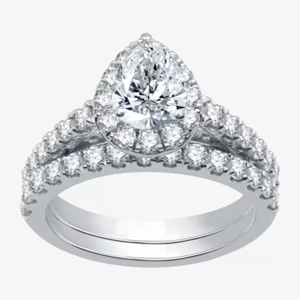 Signature By Modern Bride (H-I / I1) Womens 2 1/4 CT. T.W. Lab Grown White Diamond 10K Gold Pear Side Stone Halo Bridal Set