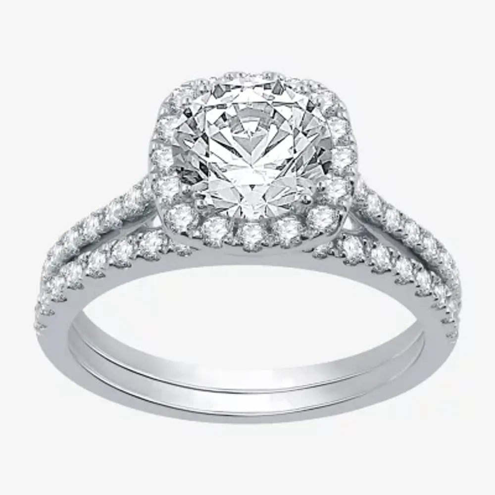 Signature By Modern Bride Womens 2 1/4 CT. T.W. Natural Diamond 14K White Gold Cushion Side Stone Halo Bridal Set