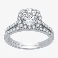 Signature By Modern Bride Womens 2 1/4 CT. T.W. Natural Diamond 14K White Gold Cushion Side Stone Halo Bridal Set