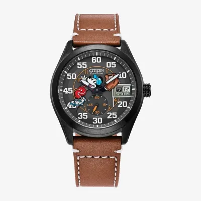 Citizen Mickey Sport Mickey Mouse Mens Brown Leather Strap Watch Bv1089-05w