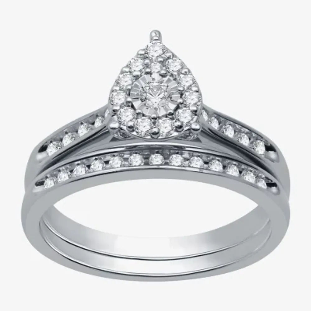 I Said Yes (H-I / I1) Womens 3/8 CT. T.W. Lab Grown White Diamond Sterling Silver Pear Side Stone Halo Bridal Set