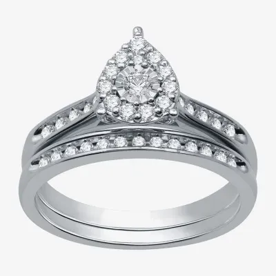 I Said Yes (H-I / I1) Womens 3/8 CT. T.W. Lab Grown White Diamond Sterling Silver Pear Side Stone Halo Bridal Set