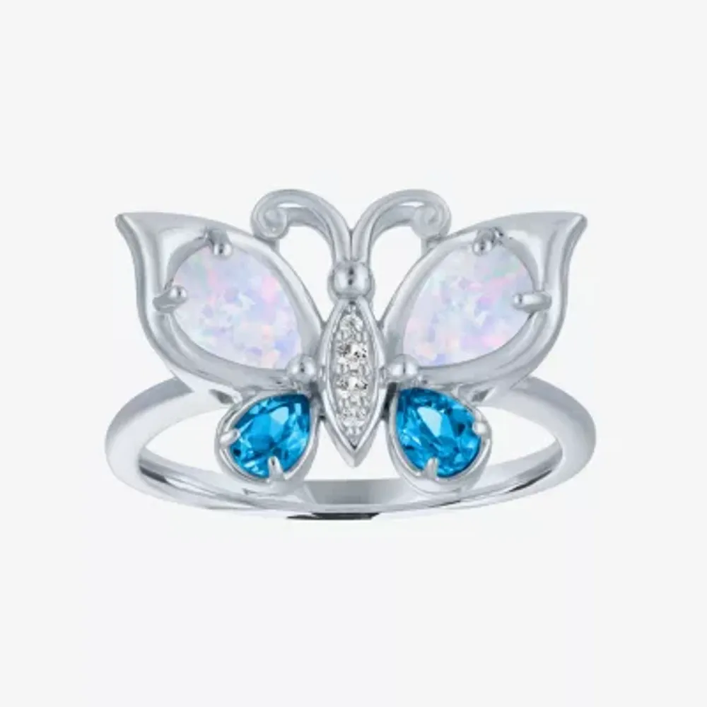 Womens Lab Created White Opal Sterling Silver Butterfly Cocktail Ring