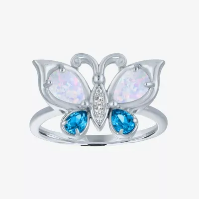 Womens Lab Created White Opal Sterling Silver Butterfly Cocktail Ring