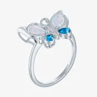 Womens Lab Created White Opal Sterling Silver Butterfly Cocktail Ring