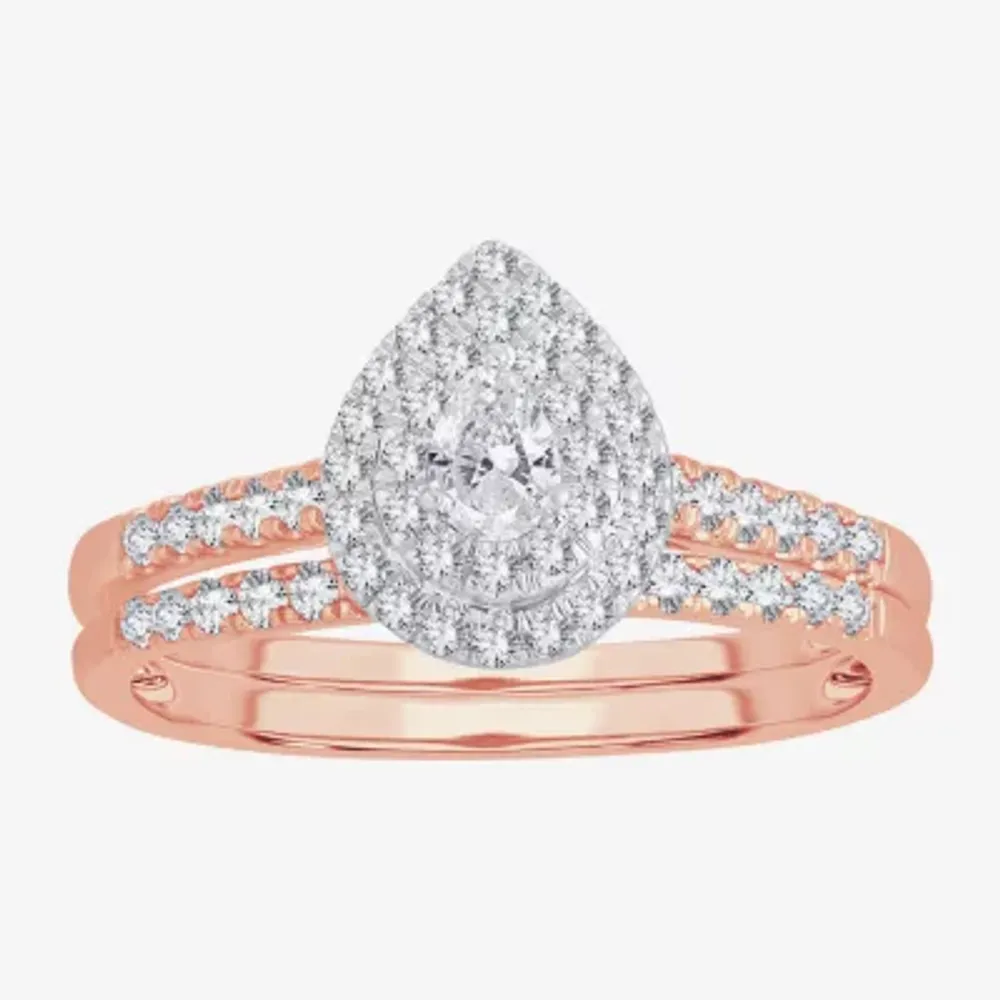 Womens 1/2 CT.T.W. Natural Diamond 10K or 14K Rose Gold Pear Halo Bridal Set