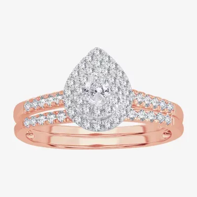 Womens 1/ CT.T.W. Natural Diamond 10K or 14K Rose Gold Pear Halo Bridal Set