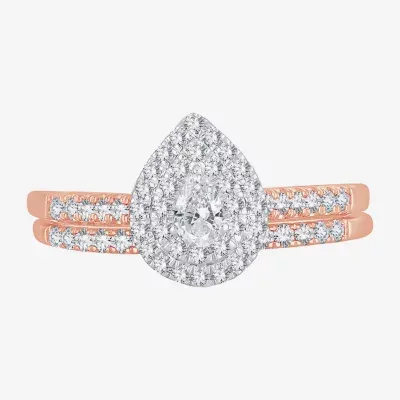 Womens 1/ CT. T.W. Genuine White Diamond 10K or 14K Rose Gold Pear Halo Bridal Set