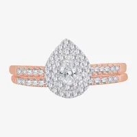 Womens 1/2 CT.T.W. Natural Diamond 10K or 14K Rose Gold Pear Halo Bridal Set