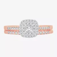 1/2 CT.T.W. Natural Diamond Cushion Shape Side Stone Halo Bridal Set 10K or 14K Gold