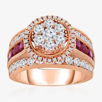 Womens 2 CT. T.W. Lab Created Red Ruby 14K Rose Gold Round Side Stone Halo Engagement Ring