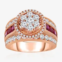 Womens 2 CT. T.W. Lab Created Red Ruby 14K Rose Gold Round Side Stone Halo Engagement Ring