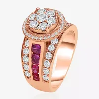 Womens 2 CT. T.W. Lab Created Red Ruby 14K Rose Gold Round Side Stone Halo Engagement Ring