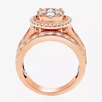 Womens 2 CT. T.W. Lab Created Red Ruby 14K Rose Gold Round Side Stone Halo Engagement Ring