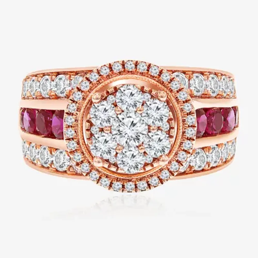 Womens 2 CT. T.W. Lab Created Red Ruby 14K Rose Gold Round Side Stone Halo Engagement Ring