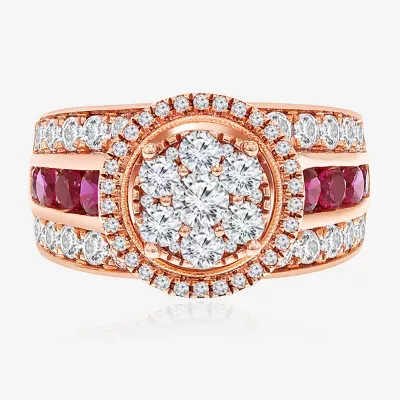 Womens 2 CT. T.W. Lab Created Red Ruby 14K Rose Gold Round Side Stone Halo Engagement Ring