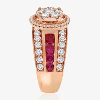 Womens 2 CT. T.W. Lab Created Red Ruby 14K Rose Gold Round Side Stone Halo Engagement Ring