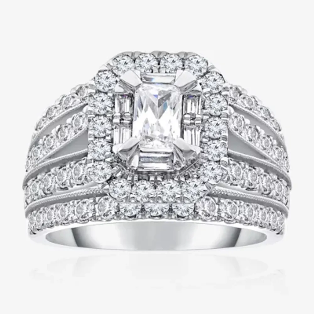 Womens CT. T.W. Natural White Diamond 14K White Gold Side Stone Halo Engagement Ring