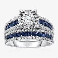 Womens 1 CT. T.W. Genuine Blue Sapphire 14K White Gold Round Side Stone Halo Bridal Set