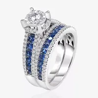 Womens 1 CT. T.W. Genuine Blue Sapphire 14K White Gold Round Side Stone Halo Bridal Set