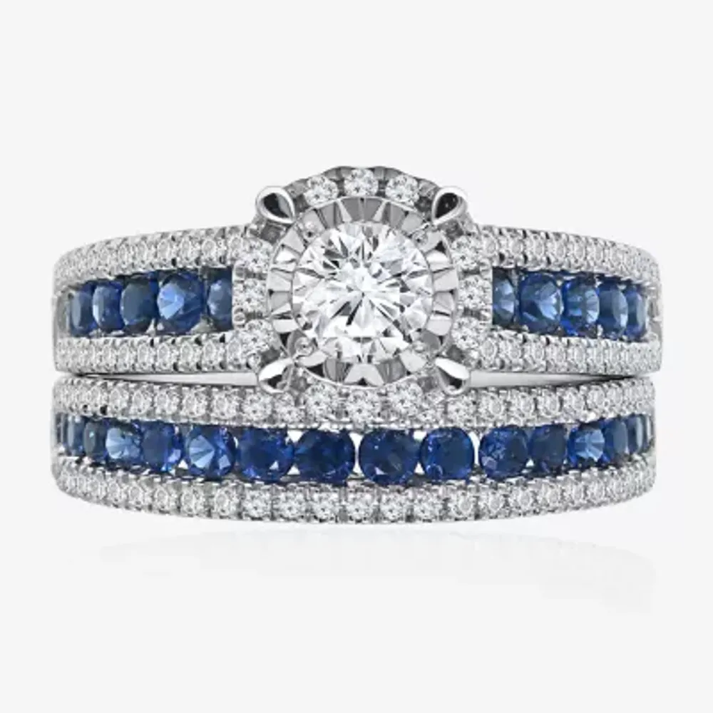 Womens 1 CT. T.W. Genuine Blue Sapphire 14K White Gold Round Side Stone Halo Bridal Set